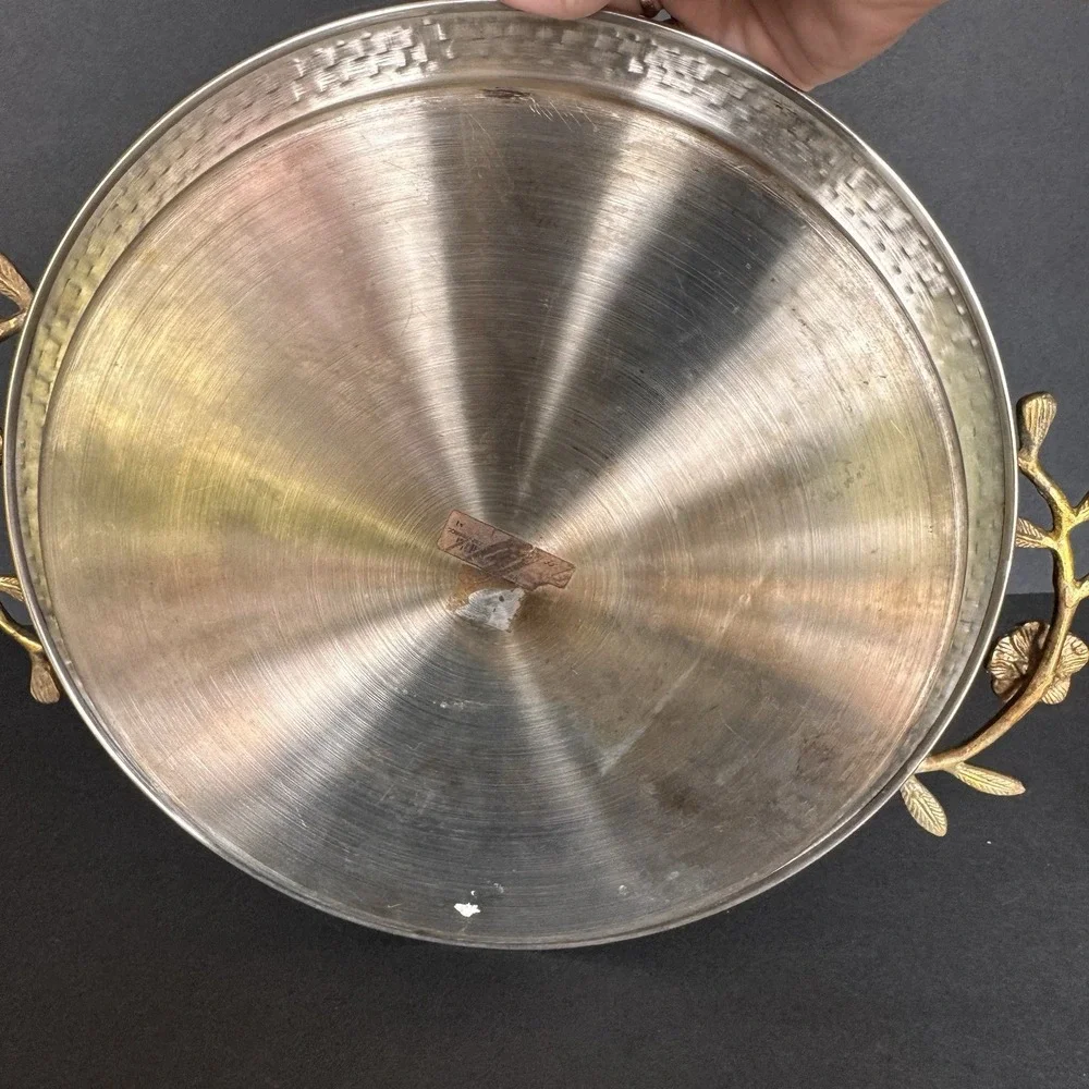 Stunning Hammered Stainless Steel Serving Tray & Serving Spoon ~ Brass Flowers